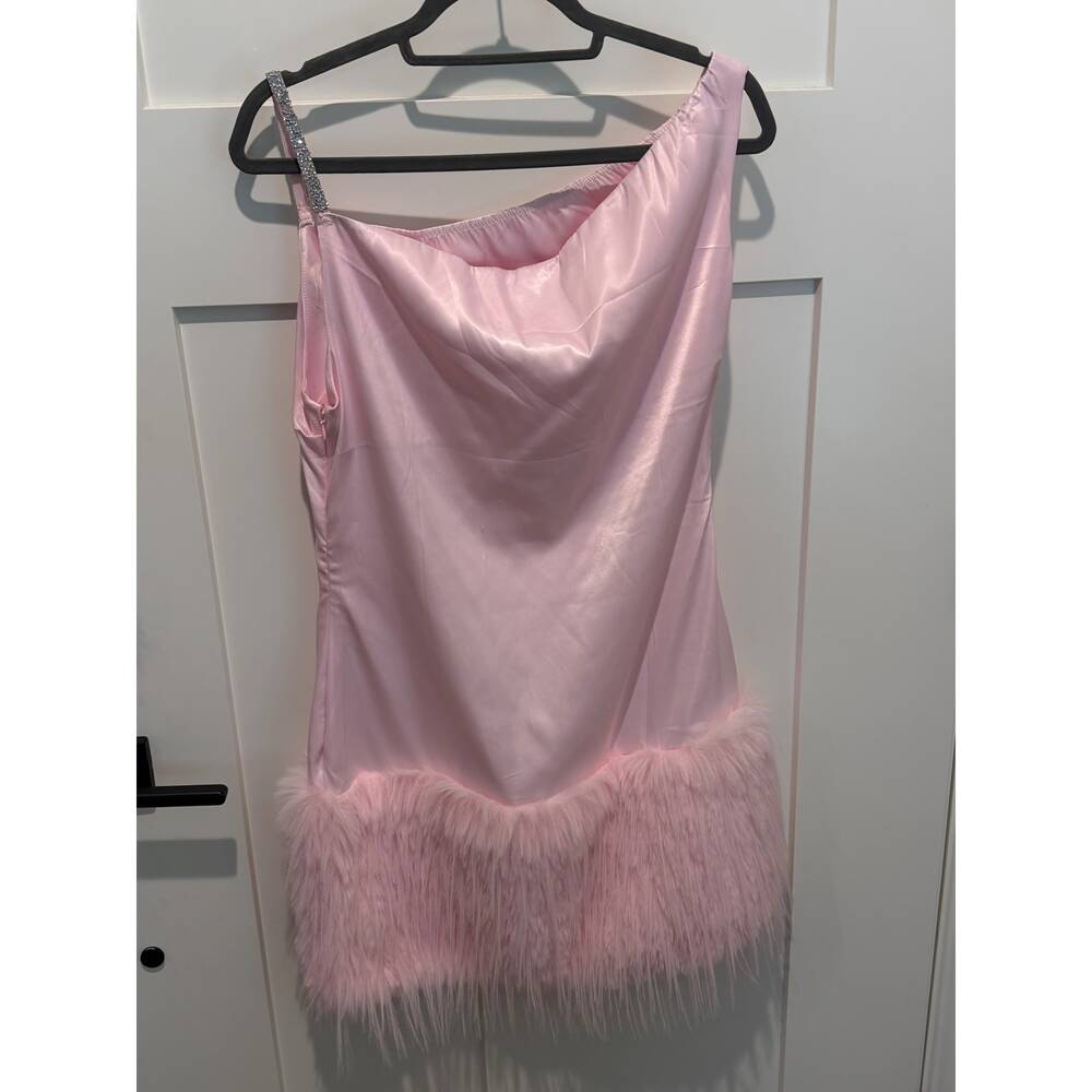 Loragal Pink Fur Dress With Rhinestone Shoulder Size L - Picture 4 of 8
